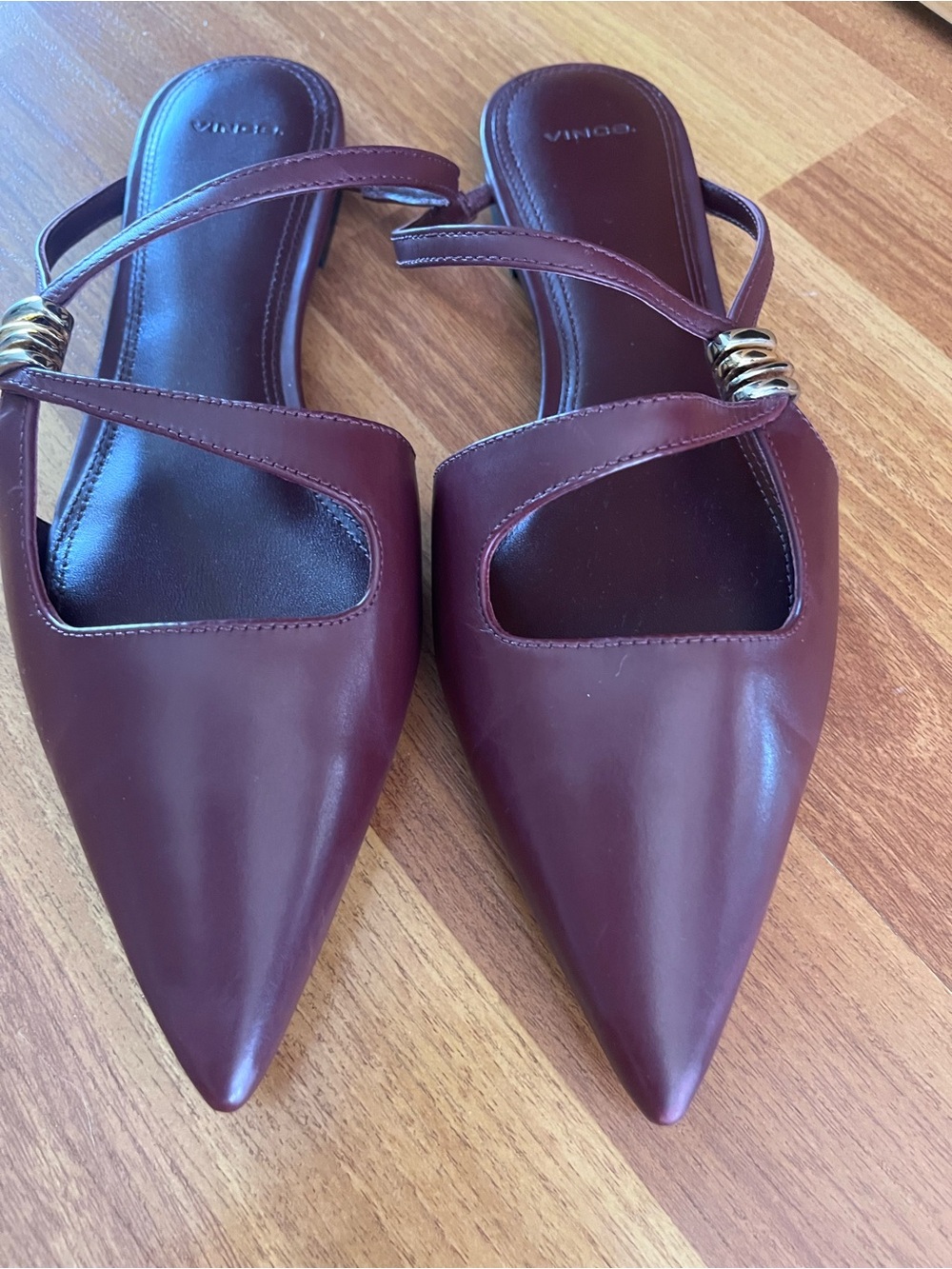 Vince Burgundy Pointed-Toe Leather Slingback Mules with Gold Accent